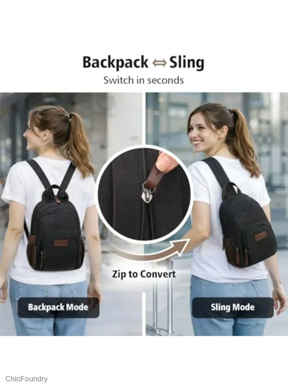 Convertible Sling Backpack for Women Adjustable Polyester Daypack